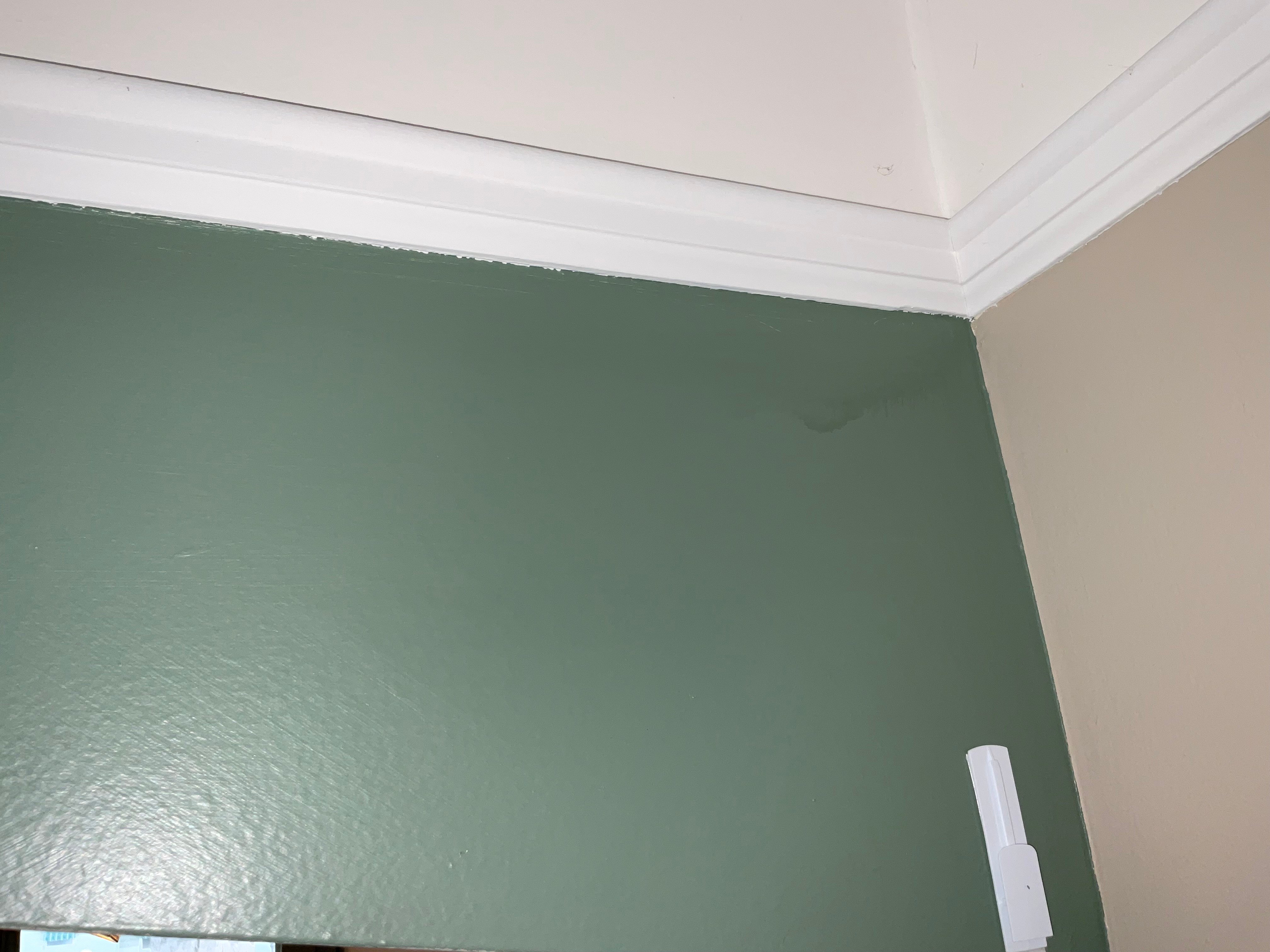Deep green colored wall with white trim and white paint bleeding onto green wall.