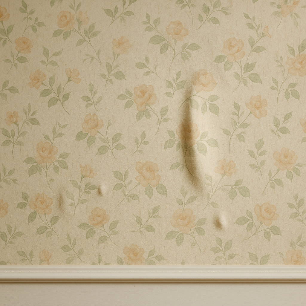 Flower wallpaper bubbling after installation on a wall inside a home.