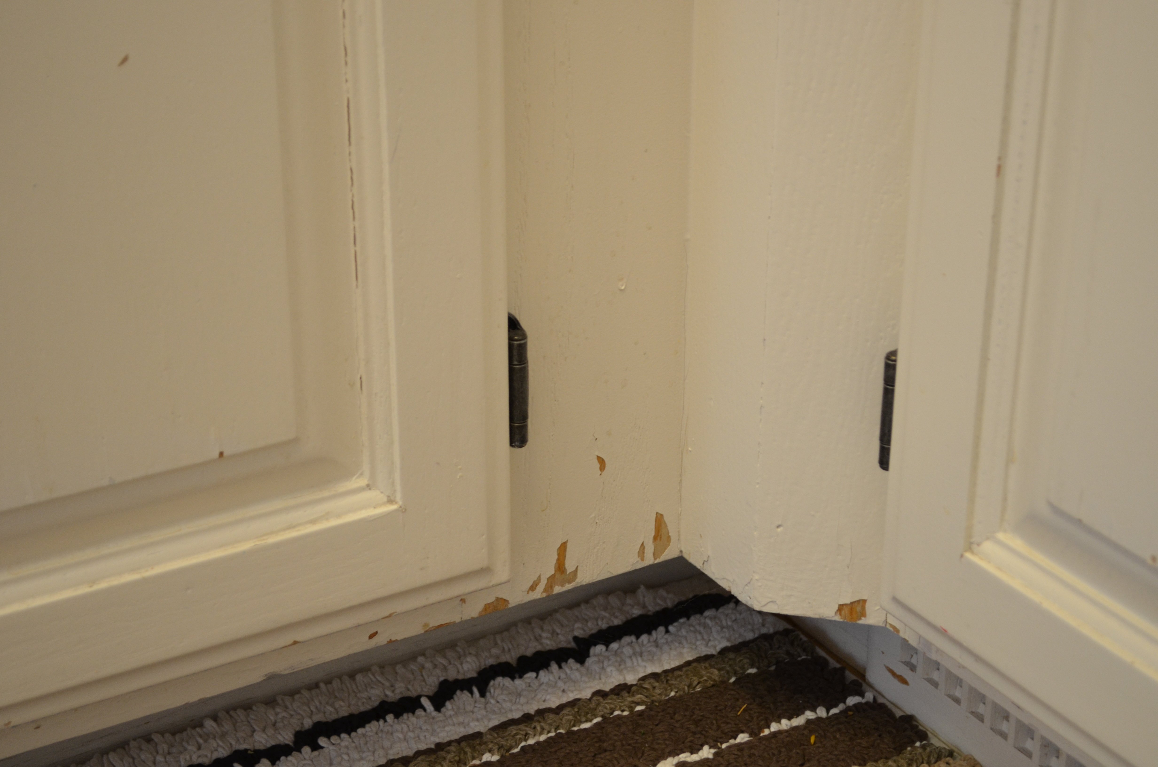 Lower white cabinets chipping on boxes.