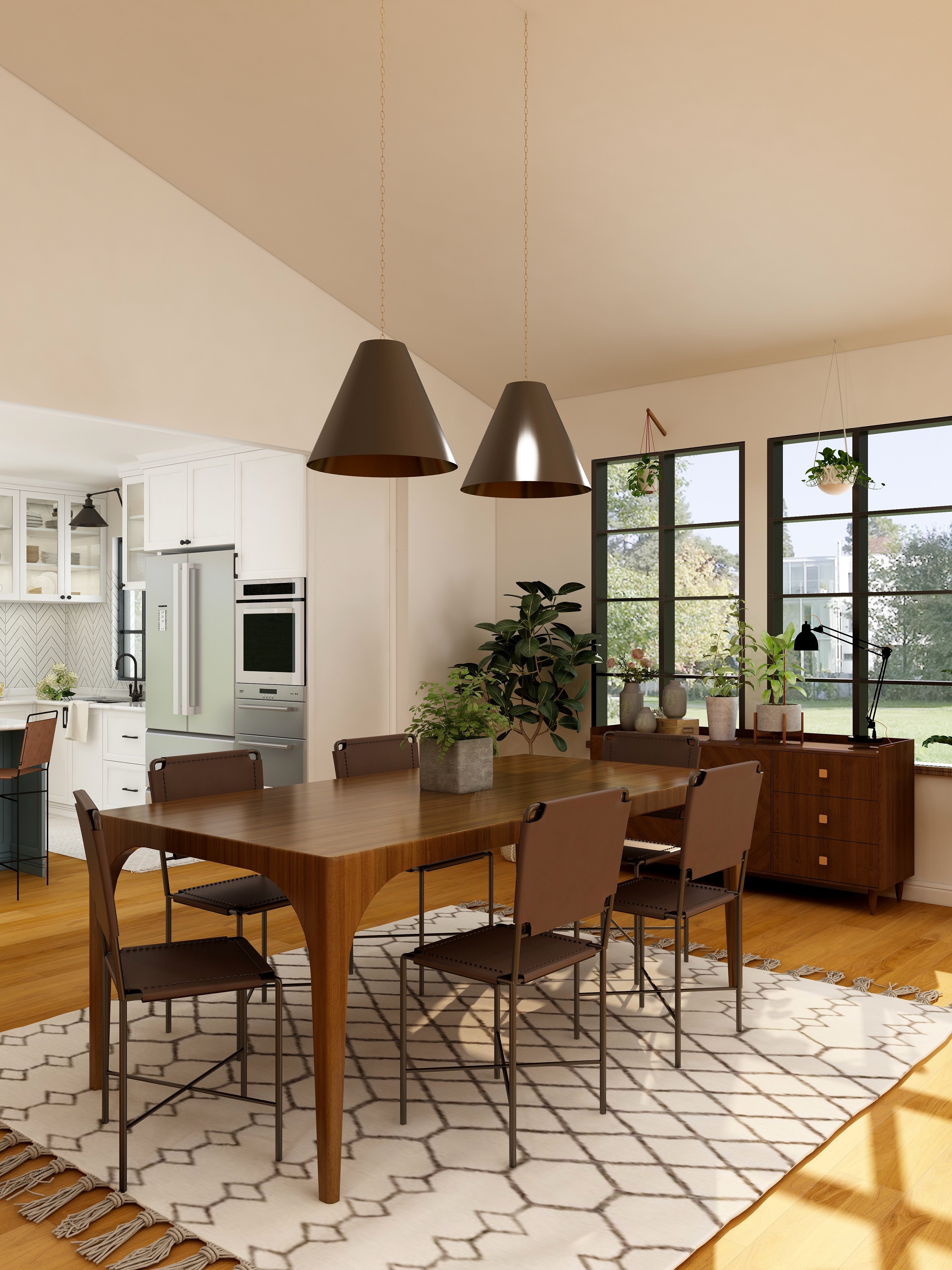Interior dining room painted creamy white with warm brown table and lighting.